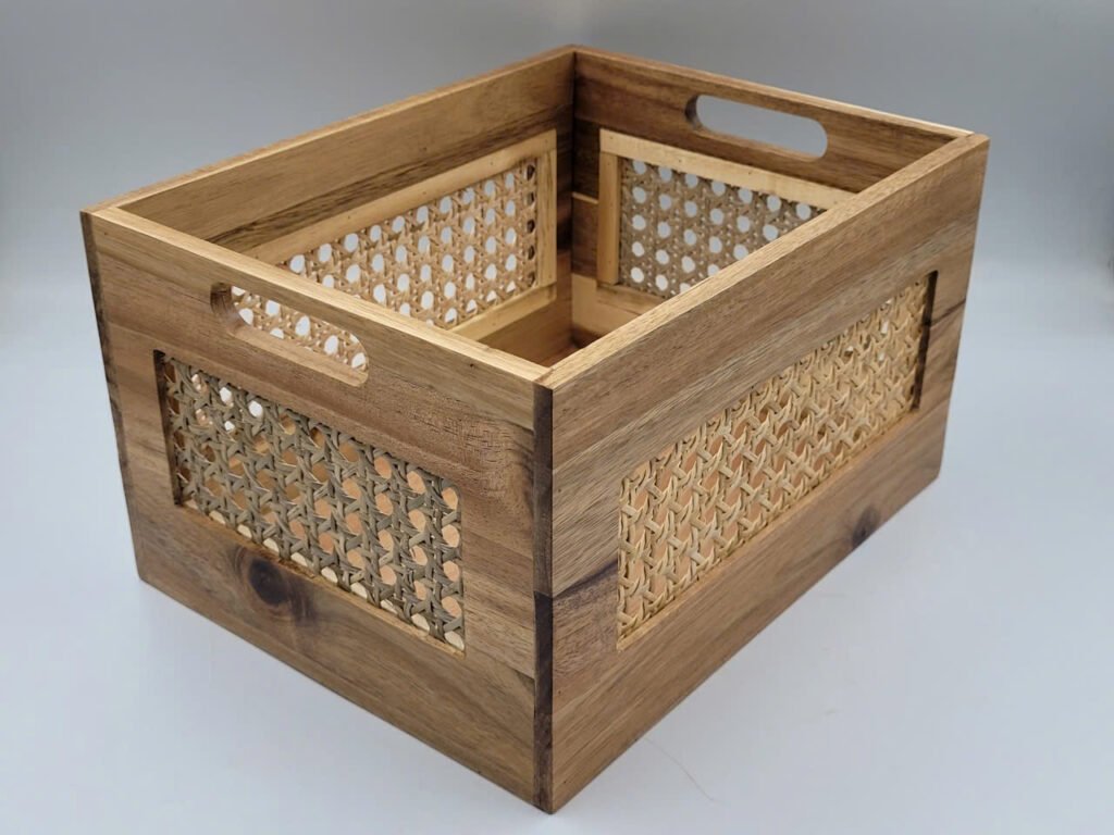 Acacia wood basket combined with lattice rattan