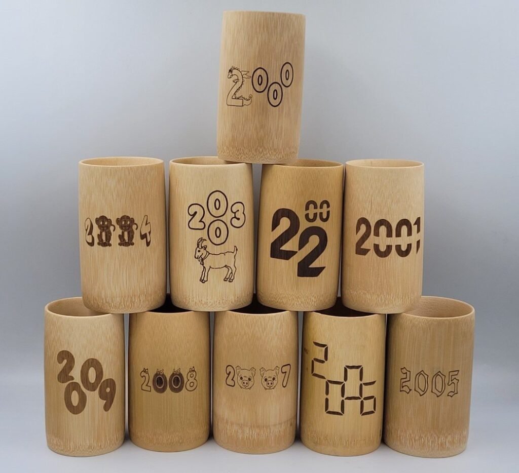Bamboo cups and bamboo cups D6H12cm as gifts engraved with year of birth from 2000 to 2009