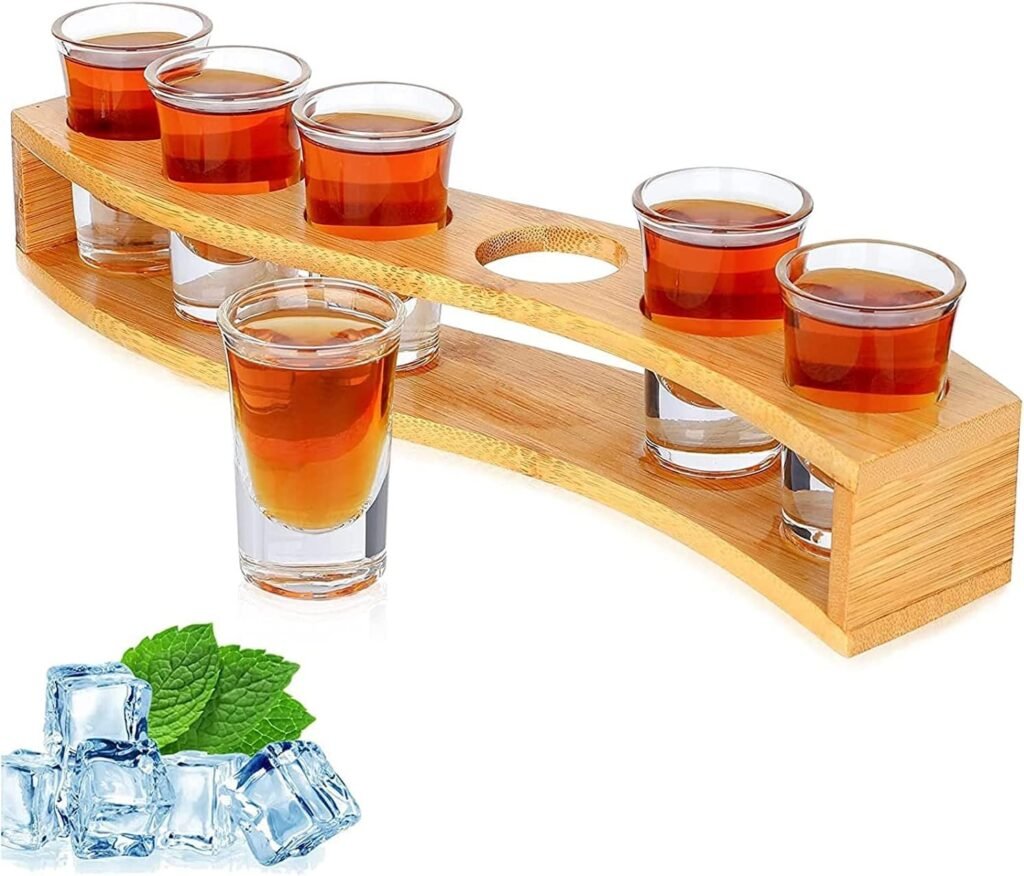 Bamboo rack holds wavy wine glasses