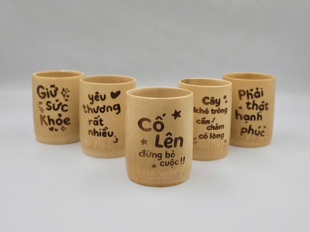Natural bamboo cup engraved with inspirational message